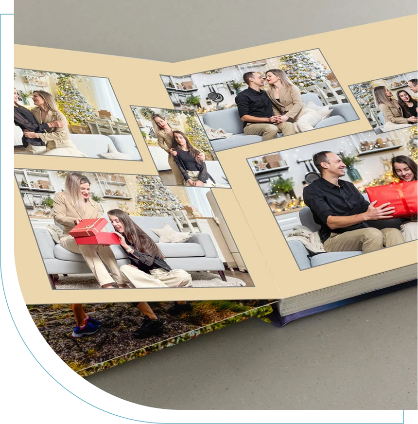 A photo album opened to pages filled with various outdoor portraits of a couple.